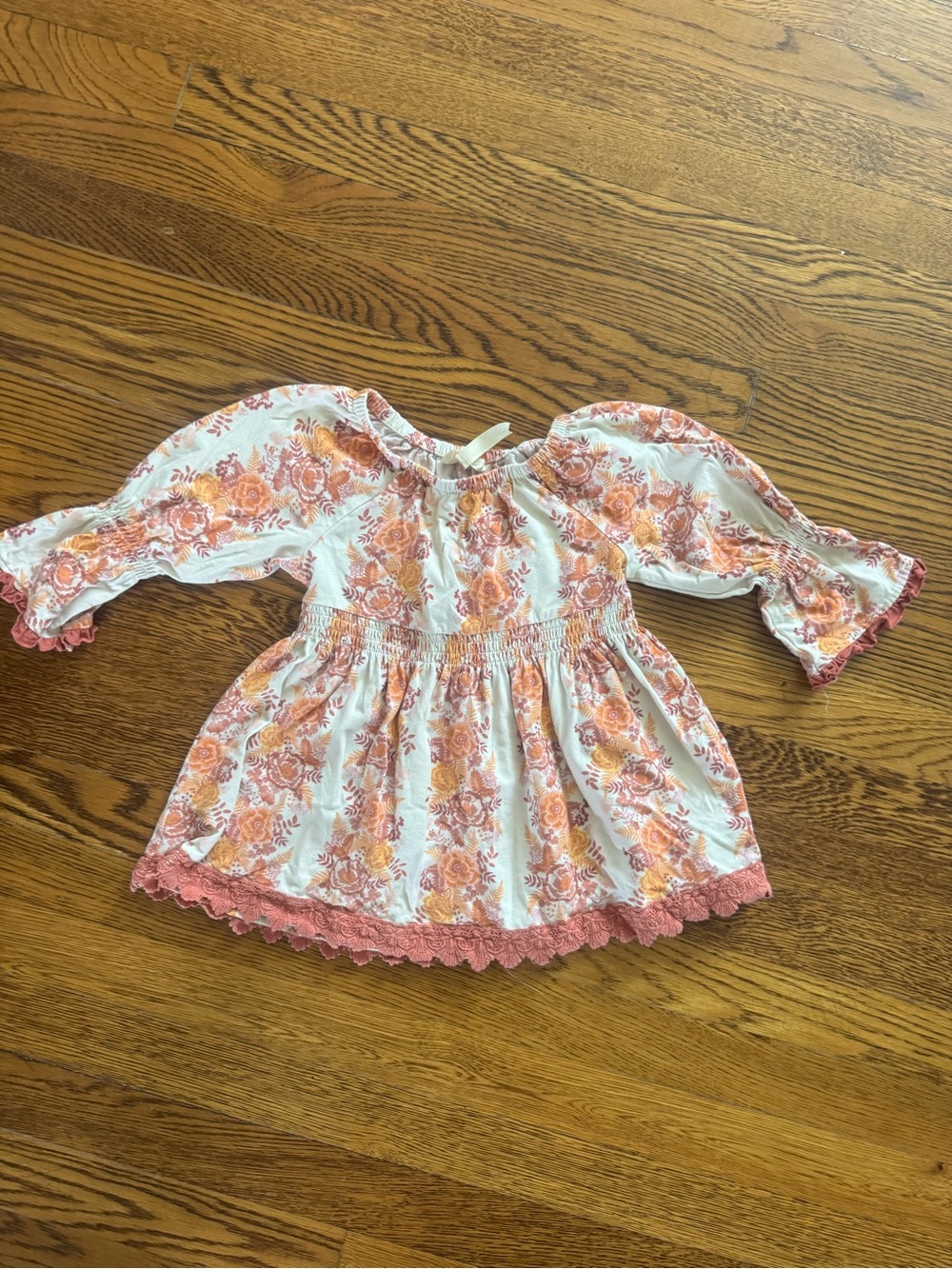 Matilda Jane White Peasant Top with Peach Floral Print and Coral Lace